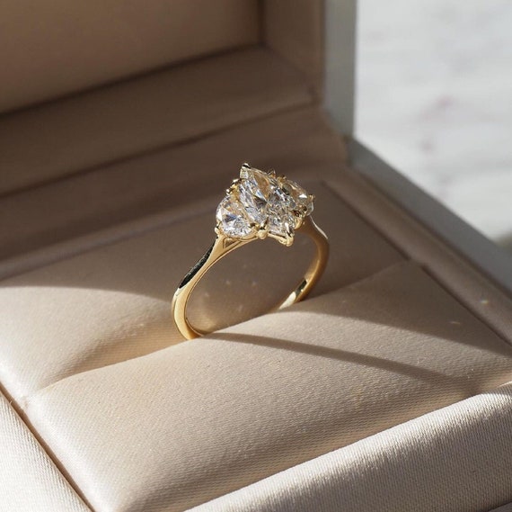 TC Marquise Half Moon Cut Trilogy 14k Solid Yellow Gold