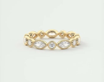 14k Solid Yellow Gold Wedding Band-2.10 TC Marquise N Round Cut Band-Moissanite Matching Band-Bezel Setting-Eternity Stacking Band-In Trends