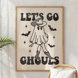 Let&#39;s Go Ghouls Print, Retro Western Halloween Wall Art, Ghost Cowgirl Print, Cute Ghost Wall Decor, Country Ghost Lover Gift - UNFRAMED
