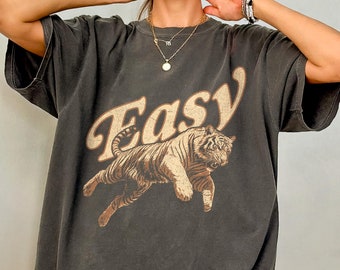 Easy Tiger Shirt - Distressed Comfort Colors T-Shirt, Oversized Graphic Tee, Indie Tshirt, Aesthetic Trendy T Shirt, Retro Animal Shirt