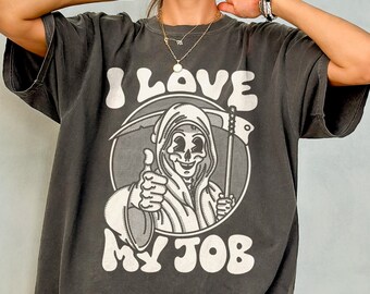 I Love My Job - grappig Halloween-shirt met comfortkleuren, T-shirt skelet, eng T-shirt, T-shirt sarcastische schedel, retro cartoon Magere Hein T-shirt