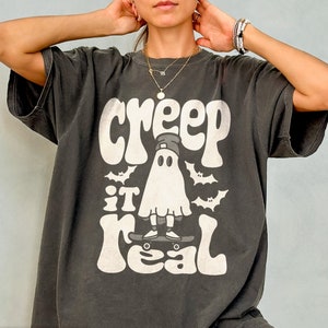 Creep It Real - trendy Halloween-shirt met comfortabele kleuren, vintage spook-T-shirt, schattig herfstt-shirt, grappig T-shirt vleermuizen, retro cartoon T-shirt op zak
