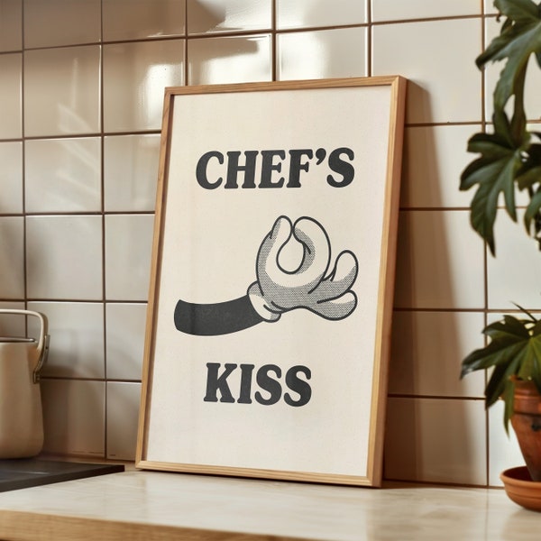 Chef's Kiss Wall Art, Retro Kitchen Wall Decor, Dining Room Print, Cooking Poster, Gift for Chef, Minimalistic Aesthetic Art Set - UNFRAMED