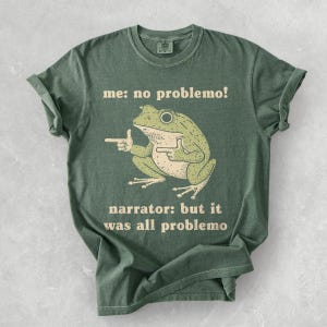 May include: Green t-shirt with a frog graphic and the text "me: no problemo!" and "narrator: but it was all problemo". The frog is light green and beige, with a pointing gesture.