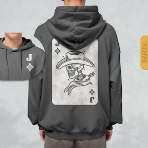 Moletom com capuz Outlaw Playing Card - Moletom com capuz de esqueleto de cowboy, moletom com capuz estilo western retrô, traje de rodeio de cowgirl, moletom com capuz com estampa de caveira desgastada