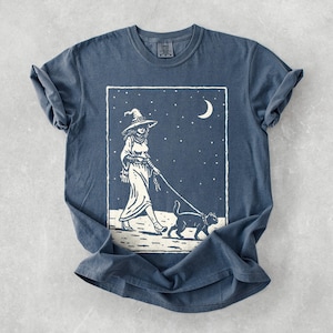 May include: A blue t-shirt featuring a white graphic of a witch walking a black cat under a starry night sky with a crescent moon. The witch is wearing a hat and dress. The shirt is folded.