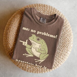 May include: Brown t-shirt with a green frog graphic. The frog is pointing with one hand and giving a thumbs up with the other. The text on the shirt reads "me: no problemo!" and "narrator: but it".
