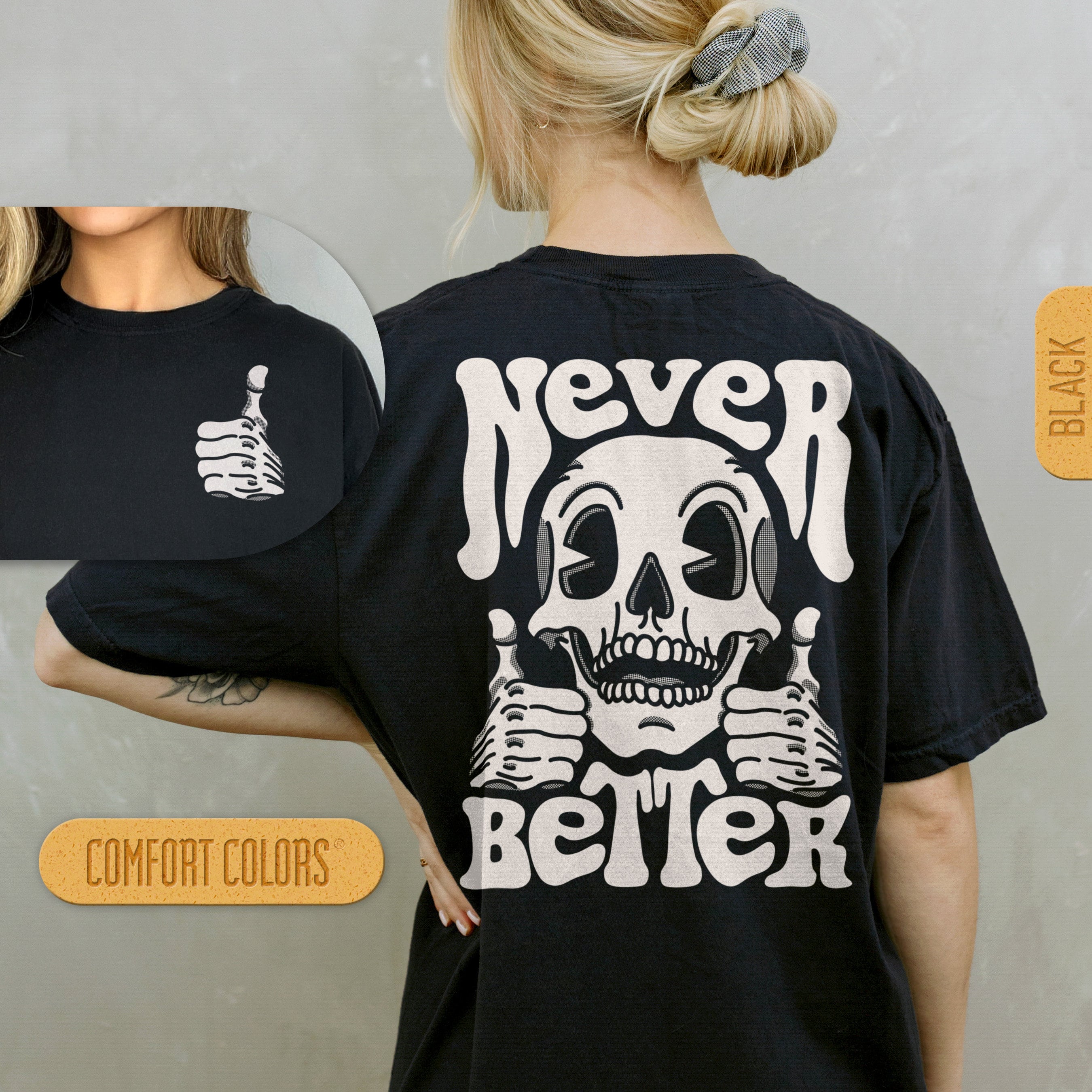 Discover Never Better Skeleton - Trendy Halloween Shirt, Spooky T-shirt, Scary Tshirt, Funny Skull T Shirt Retro Cartoon Pocket Tee