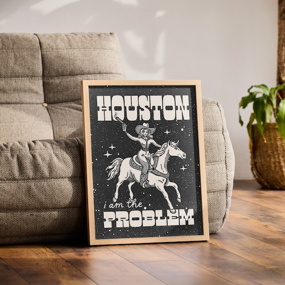 Houston Wall Art, Space Cowgirl Decor, Vintage Western Cowgirl Art, Minimalist Western Aesthetic Wall Decor, Cowgirl Poster Print - UNFRAMED