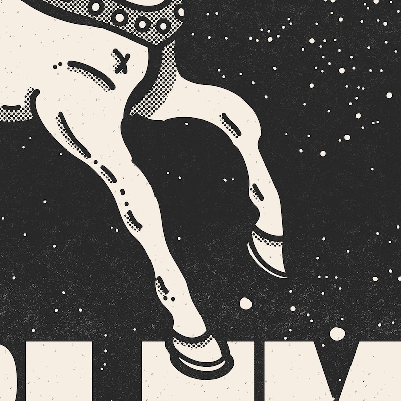 May include: Black and white illustration of a horse's leg kicking up, with the word "LIV" visible in the bottom right corner.