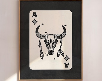 Ace Playing Card Wall Art, Cow Skull Print, Vintage Western Cowgirl Art, Minimalist Western Aesthetic  - DIGITAL