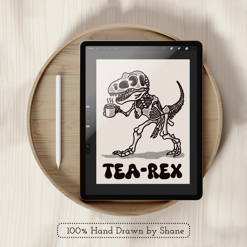 May include: A digital illustration of a dinosaur skeleton holding a cup of tea. The dinosaur is labeled "TEA-REX" in a retro font.