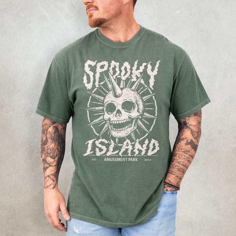 Spooky Island Shirt - Retro Halloween Comfort Colors Shirt, Oversized Skeleton T-shirt, Vintage Skull T Shirt, 90s Y2k Halloween Graphic Tee Moss