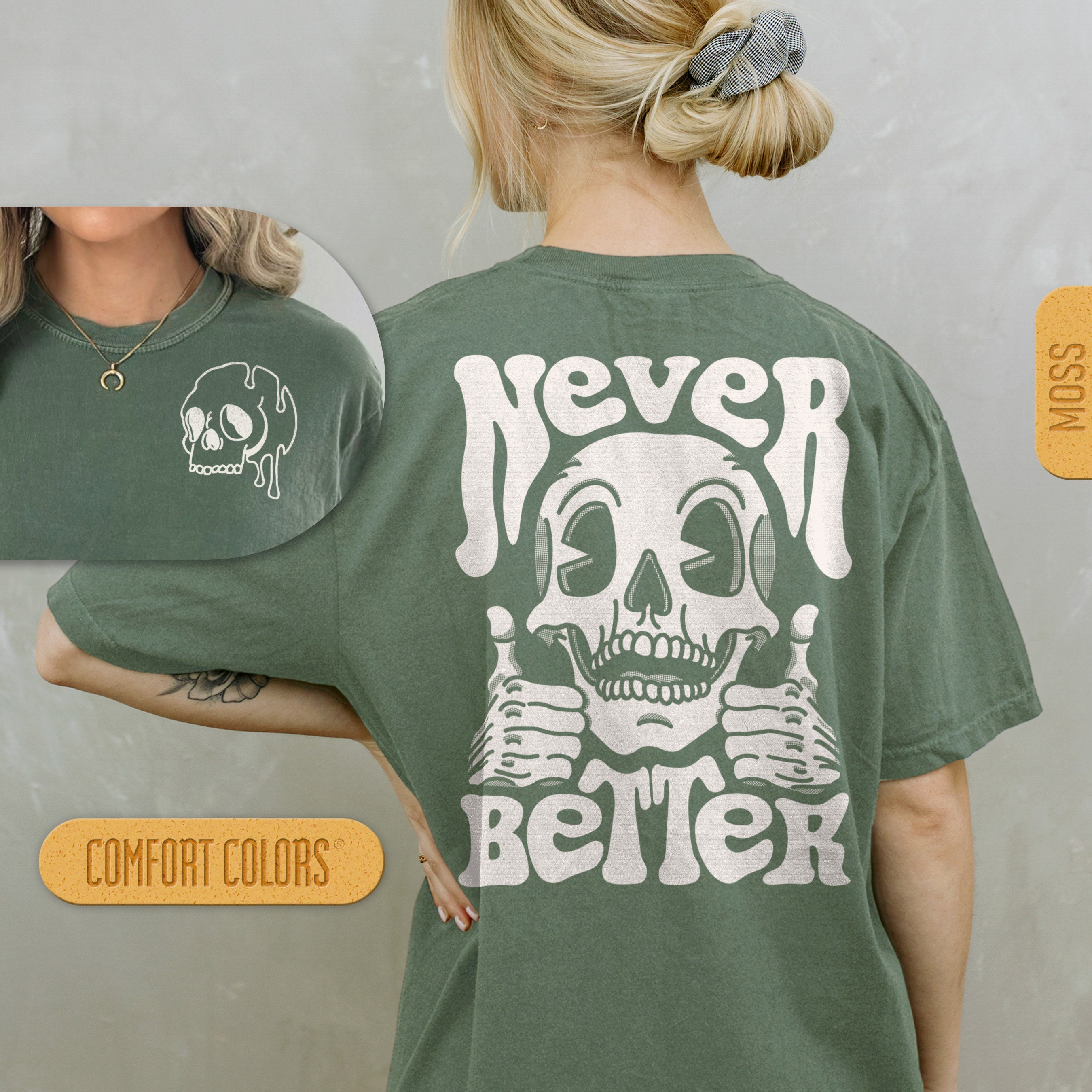 Discover Never Better Skeleton - Trendy Halloween Shirt, Spooky T-shirt, Scary Tshirt, Funny Skull T Shirt Retro Cartoon Pocket Tee