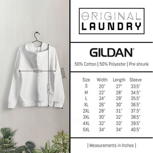 May include: White hooded sweatshirt with size chart showing measurements in inches. The chart includes sizes S through 5XL with width, length, and sleeve measurements.