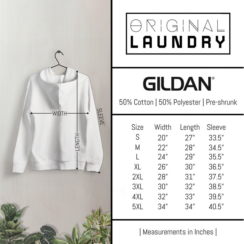 May include: White hooded sweatshirt with size chart showing measurements in inches. The chart includes sizes S through 5XL with width, length, and sleeve measurements.