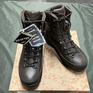 Könnte beinhalten: Ein Paar braune Lederstiefel mit schwarzen Schnürsenkeln und einem Gore-Tex-Label. Die Stiefel befinden sich auf einem braunen und weißen Karton mit Muster.
