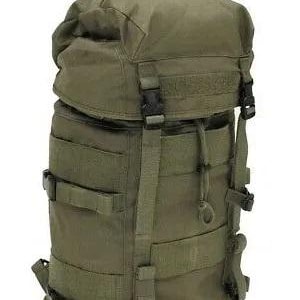 May include: Olive green backpack with multiple compartments, straps, and buckles. Features a top flap with a handle and adjustable straps. The bag has a rugged, military-style design, suitable for outdoor activities.