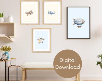 Air Transport Nursery Art: Blue Pastel Airplane, Helicopter, Balloon (Digital Download)