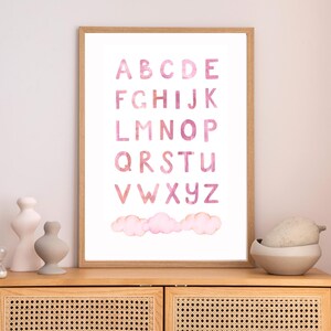Affiche alphabet, rose à imprimer pour chambre de bébé, affiche ABC pour tout-petits, art mural ABC imprimable, décoration de chambre d'enfant, affiche de chambre d'enfant, affiche éducative