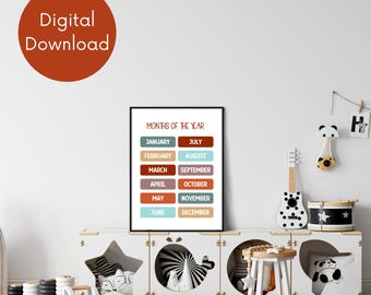 Months of the Year Educational Poster: Boho Nursery Decor (Digital Download)