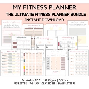 K&ouml;nnte beinhalten: Ein rosa-wei&szlig;es, druckbares Fitness-Planer-Paket mit dem Titel "My Fitness Planner: The Ultimate Fitness Planner Bundle" und dem Text "Sofort-Download". Das Paket enth&auml;lt Seiten f&uuml;r den Lebensmitteleinkauf, Selbstpflege, K&ouml;rperma&szlig;e, Fitnessfortschritt, w&ouml;chentliche Essenspl&auml;ne, Lauf-Tracker und Protein/Fett/Kohlenhydrate/Kalorien-Tracker.