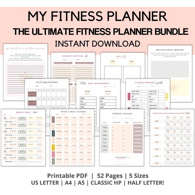 K&ouml;nnte beinhalten: Ein rosa-wei&szlig;es, druckbares Fitness-Planer-Paket mit dem Titel "My Fitness Planner: The Ultimate Fitness Planner Bundle" und dem Text "Sofort-Download". Das Paket enth&auml;lt Seiten f&uuml;r den Lebensmitteleinkauf, Selbstpflege, K&ouml;rperma&szlig;e, Fitnessfortschritt, w&ouml;chentliche Essenspl&auml;ne, Lauf-Tracker und Protein/Fett/Kohlenhydrate/Kalorien-Tracker.