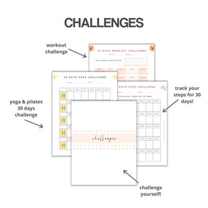 K&ouml;nnte beinhalten: Drei druckbare 30-Tage-Challenge-Tracker mit floralen Akzenten. Die Tracker sind f&uuml;r eine Workout-Challenge, eine Yoga-Challenge und eine Schritt-Challenge. Der Text "CHALLENGES" befindet sich oben auf der Seite.