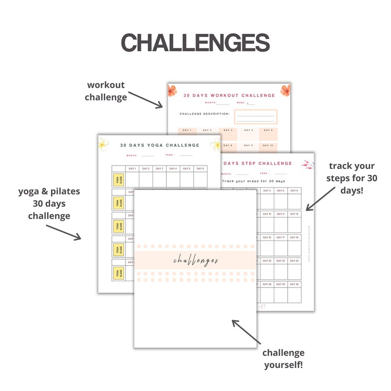 K&ouml;nnte beinhalten: Drei druckbare 30-Tage-Challenge-Tracker mit floralen Akzenten. Die Tracker sind f&uuml;r eine Workout-Challenge, eine Yoga-Challenge und eine Schritt-Challenge. Der Text "CHALLENGES" befindet sich oben auf der Seite.