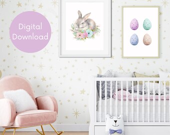 Easter Bunny & Eggs Print Set: Spring Nursery Decor (Digital Download)