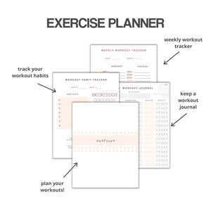 K&ouml;nnte beinhalten: Ein druckbarer Trainingsplaner mit drei Seiten: ein w&ouml;chentlicher Trainingstracker, ein Trainingstracker f&uuml;r Gewohnheiten und ein Trainingstagebuch. Die Seiten sind minimalistisch gestaltet und in einem rosa-wei&szlig;en Farbschema gehalten.