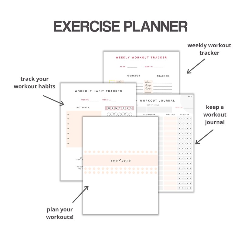 K&ouml;nnte beinhalten: Ein druckbarer Trainingsplaner mit drei Seiten: ein w&ouml;chentlicher Trainingstracker, ein Trainingstracker f&uuml;r Gewohnheiten und ein Trainingstagebuch. Die Seiten sind minimalistisch gestaltet und in einem rosa-wei&szlig;en Farbschema gehalten.