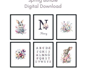 Personalized Floral Bunny Nursery Wall Art Bundle (Digital Download)