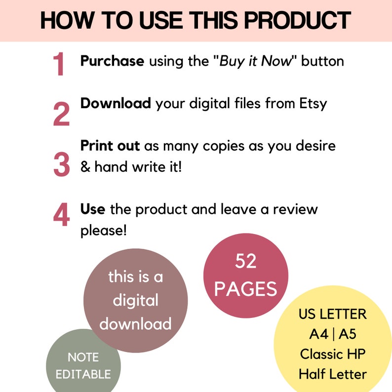 K&ouml;nnte beinhalten: Eine rosa und gelbe Grafik mit Anweisungen zur Verwendung eines digitalen Produkts. Die Grafik enth&auml;lt den Text "HOW TO USE THIS PRODUCT" und nummerierte Schritte. Die Grafik enth&auml;lt auch einen rosa Kreis mit dem Text "this is a digital download" und einen rosa Kreis mit dem Text "52 PAGES".