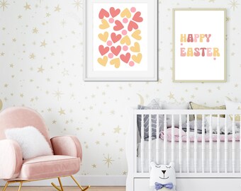 Happy Easter Print Set: Boho Hearts, Spring Nursery Decor (Digital Download)