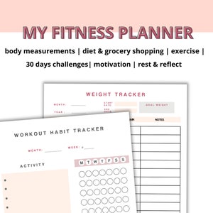 K&ouml;nnte beinhalten: Ein druckbarer Fitnessplaner mit Abschnitten f&uuml;r K&ouml;rperma&szlig;e, Ern&auml;hrung und Lebensmitteleinkauf, Bewegung, 30-Tage-Herausforderungen, Motivation, Ruhe und Reflexion, Gewichtsverfolgung und Trainingstracking.