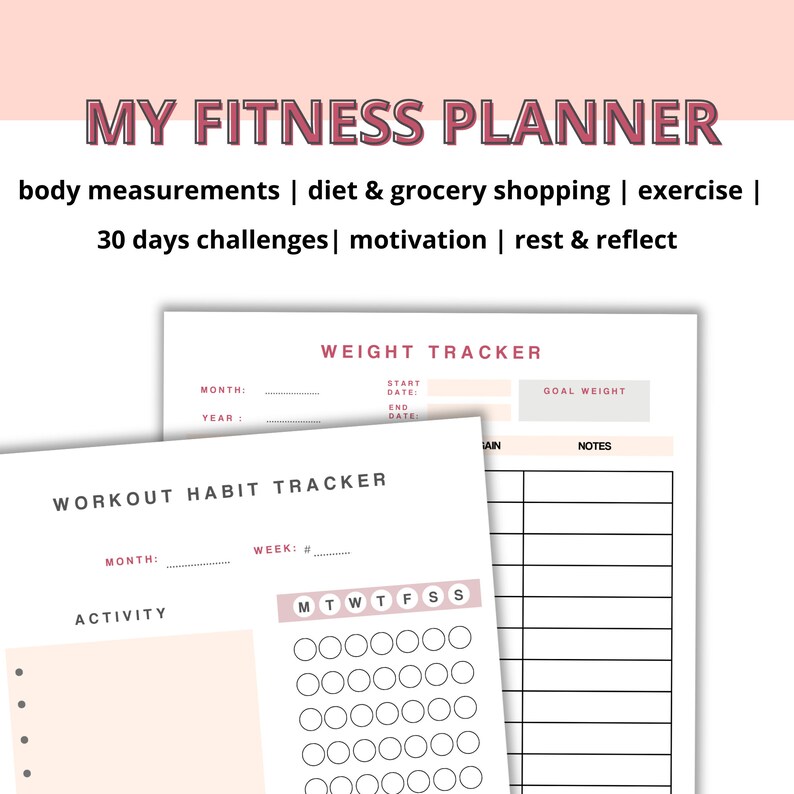 K&ouml;nnte beinhalten: Ein druckbarer Fitnessplaner mit Abschnitten f&uuml;r K&ouml;rperma&szlig;e, Ern&auml;hrung und Lebensmitteleinkauf, Bewegung, 30-Tage-Herausforderungen, Motivation, Ruhe und Reflexion, Gewichtsverfolgung und Trainingstracking.