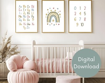 Rainbow ABC Numbers Prints: Pastel Nursery Decor (Digital Download)
