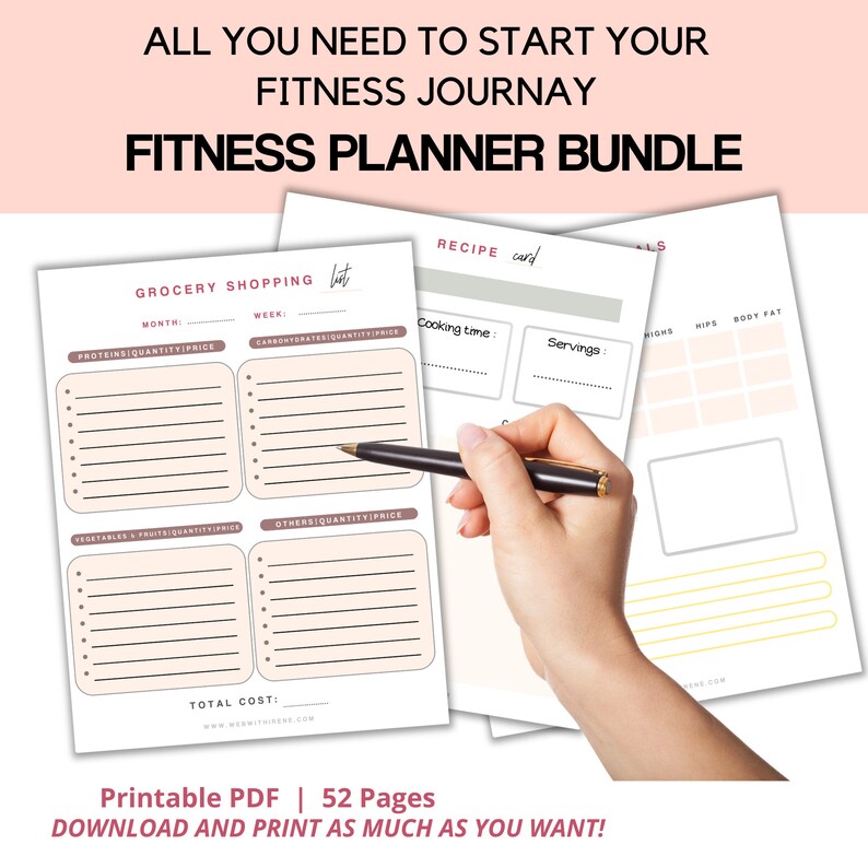 K&ouml;nnte beinhalten: Ein druckbares Fitness-Planer-Paket mit 52 Seiten. Das Paket beinhaltet eine Einkaufsliste, eine Rezeptkarte und einen Fitness-Tracker. Die Einkaufsliste hat Abschnitte f&uuml;r Protein, Kohlenhydrate, Gem&uuml;se und Obst sowie andere Artikel. Die Rezeptkarte hat Abschnitte f&uuml;r die Garzeit, die Portionen und Notizen. Der Fitness-Tracker hat Abschnitte f&uuml;r Gewicht, H&uuml;fte und K&ouml;rperfett.