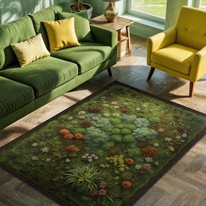 Mos tapijt voor cottagecore-decor, tapijt met wilde bloemen voor bloemenkamerdecor, botanisch tapijt voor boerderijdecor, plantenkleed, groen tapijt in de woonkamer