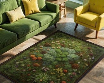 Moss Rug For Cottagecore Decor, Wildflower Rug For Floral Room Decor, Botanical Rug For Farmhouse Decor, Plant Rug, Green Living Room Rug