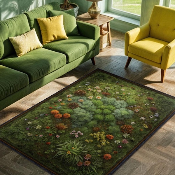 Mossmatta för stugdekor, vildblomsmatta för blommig rumsdekor, botanisk matta för lantlig inredning, växtmatta, grön vardagsrumsmatta