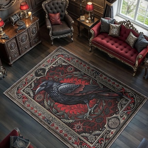 Gothic Raven Rug, Gothic Home Decor, Goth Crow Rug With Ankh Pentagram Symbols, Black Gothic Rug, Cotton Base Goth Rug, Cool Satanic Decor