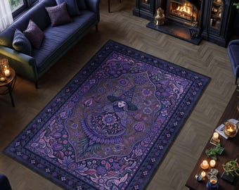 May include: A large, rectangular area rug with a witch design in shades of purple, brown, and blue. The rug features a central image of a witch surrounded by floral patterns and a decorative border. The rug is placed on a wooden floor.