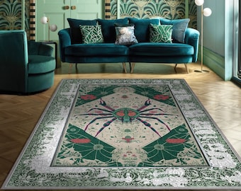 Green And Cream Spider-Themed Washable Rug, Spider Rug, Whimsical Rug With Traditional Persian Border, Green Rug For Art Deco Living Room