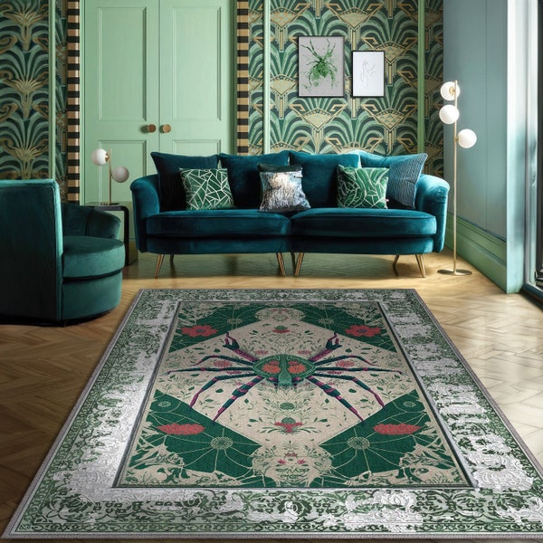 Waschbarer grüner und cremefarbener Teppich mit Spinnenmotiv Traditionelle persische Grenze trifft auf moderne Vibes, grüner Teppich für rustikales und Art-Deco-Wohnzimmer
