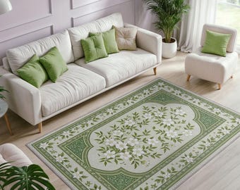 Saliegroen bloementapijt, tapijt met witte bloesem, cottagecore-vloerkleed, Frans landelijk decor, wasbare botanische mat, shabby-chique kameraccent