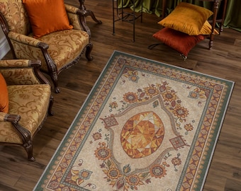 Yellow Geometric Medallion Rug – Vintage Style Jewel Pattern Citrine Area Rug for Living Room, Boho Home Decor, Washable Oriental Rug