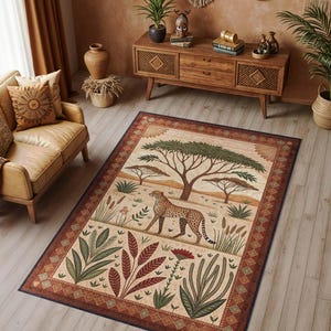May include: Rectangular area rug with an African savanna design. The rug features a cheetah, trees, and plants in shades of beige, green, and brown. The border has a geometric pattern in red and brown.