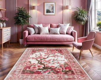 Pink Floral Rug, Cherry Blossom Area Rug for , Girly Bedroom & Feminine Living Room Decor, Washable Carpet Cottagecore